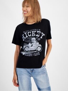 Disney Juniors' Mickey Motorcycle Club Cotton Crewneck Tee - Black SIZE L NWT